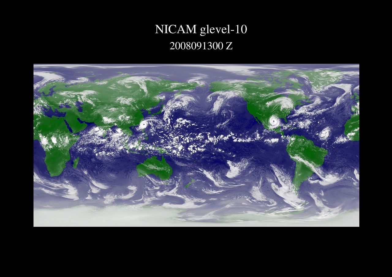 NICAMで再現した全球の雲分布 (by H.L.Tanaka, Tsukuba Univ.)